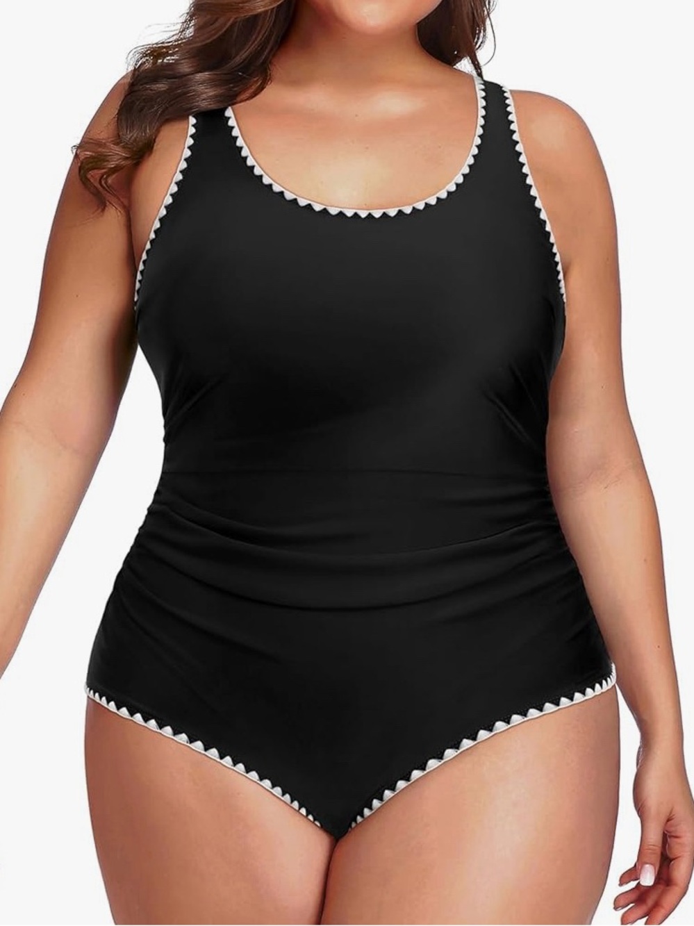 Plus Size Black Scoop Neck One-Piece Swimsuit with White Trim